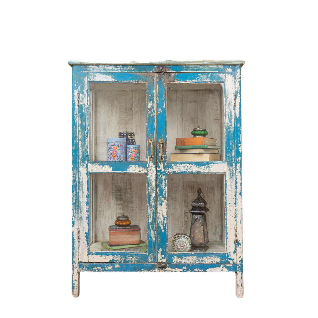 Rustic Painted Finish in Deep Blue Painted Finish.
Front Display Finish with four glass panels
Internal finish is cream natural finish with one shelf