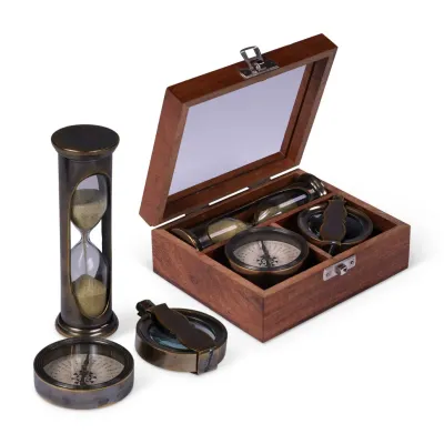 Wooden Gift Set with Compass, Sand Timer and Magnifyer
