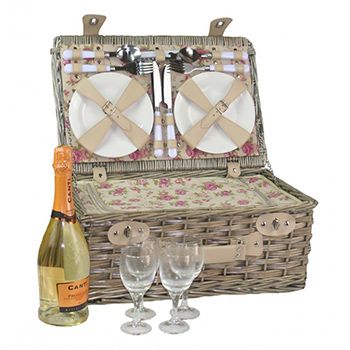 Picnic Hamper with Picnic Accessories and a bottle of wine and glasses