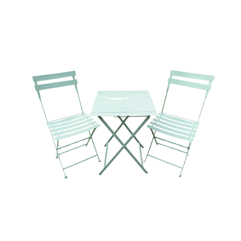 Classic Green Garden Table & Chair Set A green table with two chairs in a classic design will look very summery on any patio.