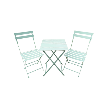 Classic Green Garden Table & Chair Set A green table with two chairs in a classic design will look very summery on any patio.
