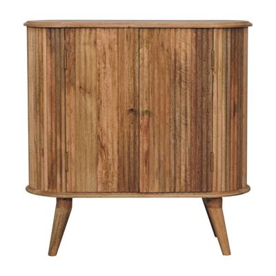 Roxanne cabinet with two front doors
Natural oak effect finish. It is a sturdy piece featuring a thick ridged base.
Gif showing each elevation.