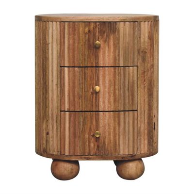 Roxanne Three Drawer bedside Cabinet
Natural oak effect finish. It is a sturdy piece featuring a thick ridged base.
Front elevation.