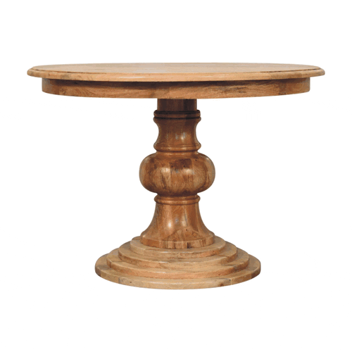 Create an elegant dining experience with this Round Turned Dining Table. Drawing inspiration from a classic French design it combines graceful curves with warm wood tones. Crafted from solid mango wood with an oak effect finish this round table is the perfect piece for any dining room or kitchen.
Gif showing all elevations