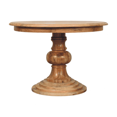 Create an elegant dining experience with this Round Turned Dining Table. Drawing inspiration from a classic French design it combines graceful curves with warm wood tones. Crafted from solid mango wood with an oak effect finish this round table is the perfect piece for any dining room or kitchen.
Gif showing all elevations