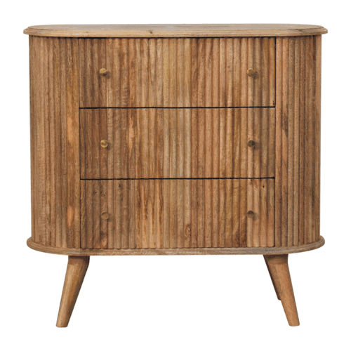Roxanne Chest of Drawers - Three Drawers
Natural oak effect finish. It is a sturdy piece featuring a thick ridged base.
Gif showing all  elevation.