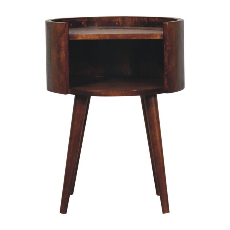 Circular Chestnut Finish Bedside Cabinet.
One Open Slot Shelf and Top Surface is framed but sides creating an edge.
Nordic Legs
Font elevations