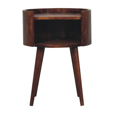 Circular Chestnut Finish Bedside Cabinet.
One Open Slot Shelf and Top Surface is framed but sides creating an edge.
Nordic Legs
Font elevations