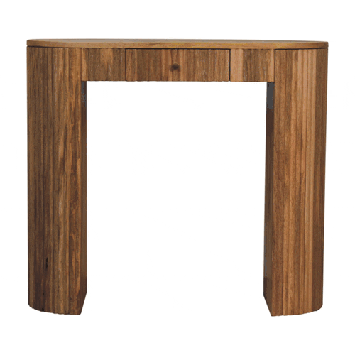 Roxanne console table with a front Drawer.
Natural oak effect finish. It is a sturdy piece featuring a thick ridged base.
Gif showing each elevation.