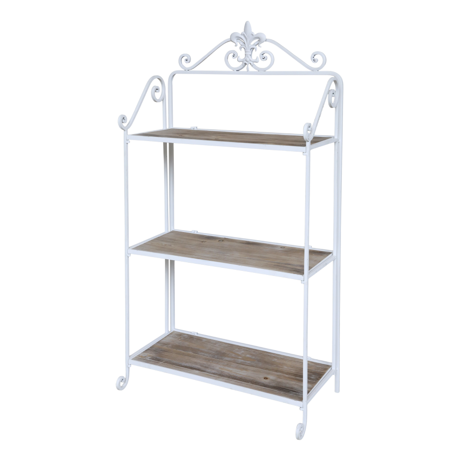 Chatilon Shelving Unit
White metal framed, French decor inspired, with wooden shelves.  Three shelves.