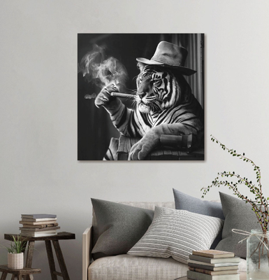 Tiger in hat smoking a cigar finished in black & white
Image has picture sited on wall in a home