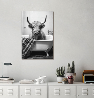 Highland Cow in Bath in black & white finish.
Image is set on wall in a home