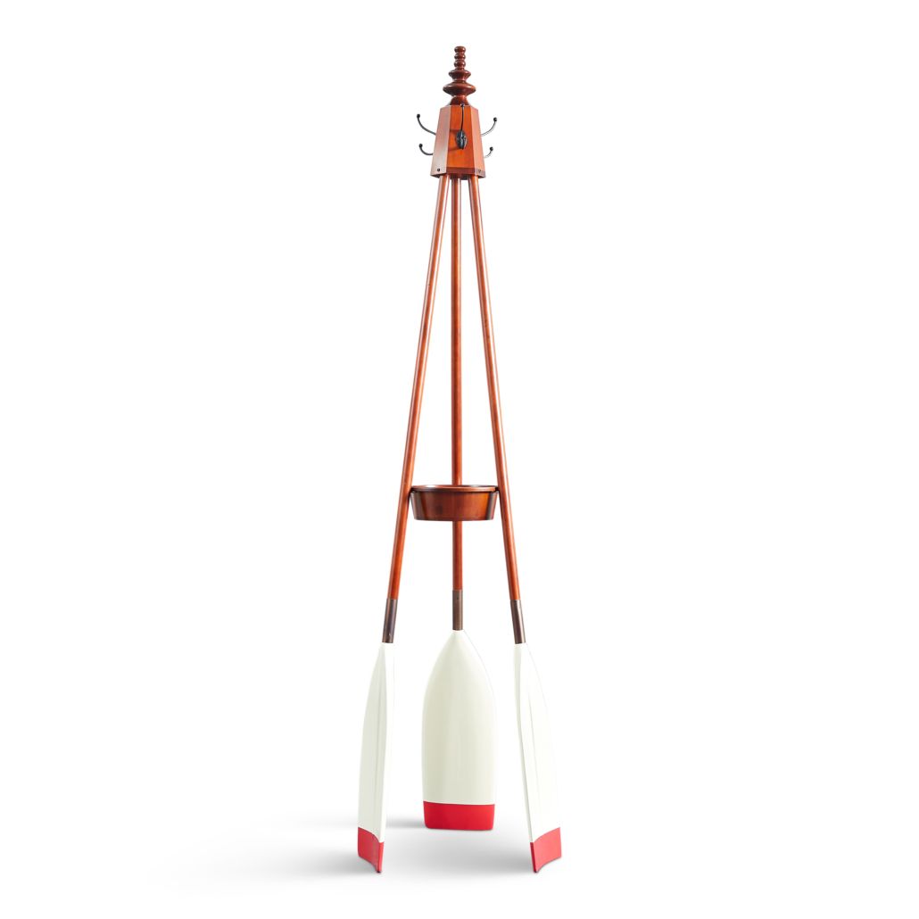 Coat rack made out of three oars with coat hooks at the top and a useful keys/bits and bobs tray half way down. 