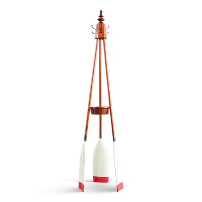 Coat rack made out of three oars with coat hooks at the top and a useful keys/bits and bobs tray half way down. 