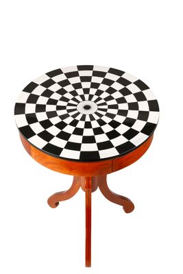 This is a beautiful table and is crafted to be appreciated. It is made from mahogany veneers and brass components and has a black and honey finish.
The table has a diameter of 55 cm and a height of 75 cm. 
This is something to treasure for a lifetime.