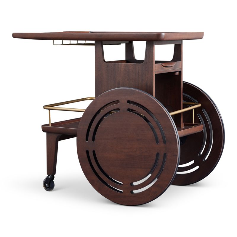 A really useful serving trolley, with a tray area forming the roof of this practical piece in the style of a Victorian trolley or cart. Down below, there is an opening drawer for bar accessories or cutlery, and plenty of space too for a wine rack and areas for other bottles or cans too!
