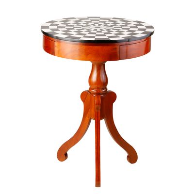 This is a full front image of our eye-catching 3 player chess table. This is a beautiful table and is crafted to be appreciated. It is made from mahogany veneers and brass components and has a black and honey finish.
The table has a diameter of 55 cm and a height of 75 cm. 
This is something to treasure for a lifetime.