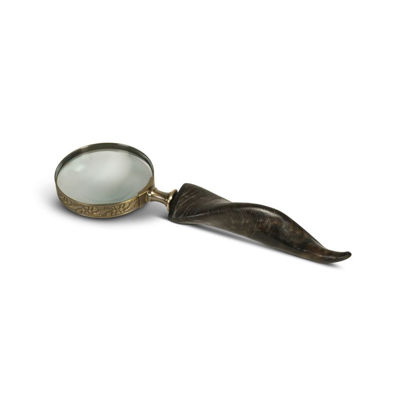 The magnifier glass has a brass rim and is fixed onto the horn handle.