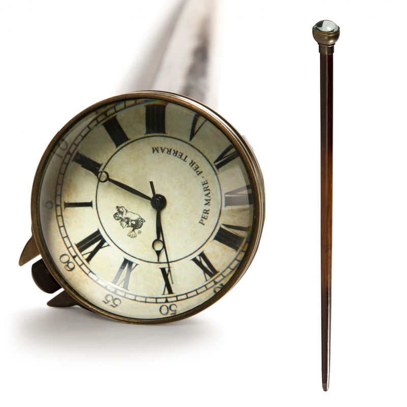 A Victorian style walking stick that has a distressed French finish, and, believe it or not, a clear faced wind-up watch set within the holding knob!  