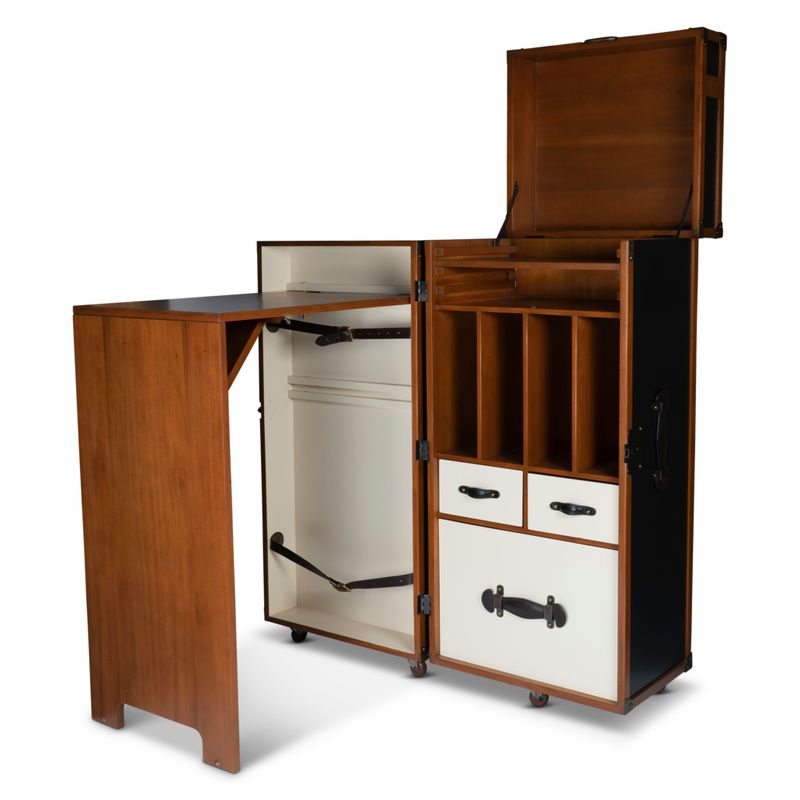 The Explorer Desk Trunk reminds you of those first class travellers on those olden days steamships who needed  to keep on top of things during the trip. 
This replica could easily be used in a study or guest bedroom, and looks just like a simple, but large, trunk when closed up. But open the front and you have a desk, drawers and compartments all built into a top class furniture unit, built to the highest standard,