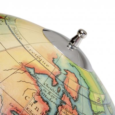 This French style globe is presented in beautiful colour showing the world as it was in the 1920's. 
The globe itself is 32 cm in diameter, and stands to a height of 50 cm. and the stand has a Honey Distressed finish.
This image is a close-up of the top spindle.