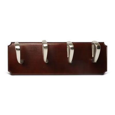 A face-on  view of the wall hooks on acacia wood.