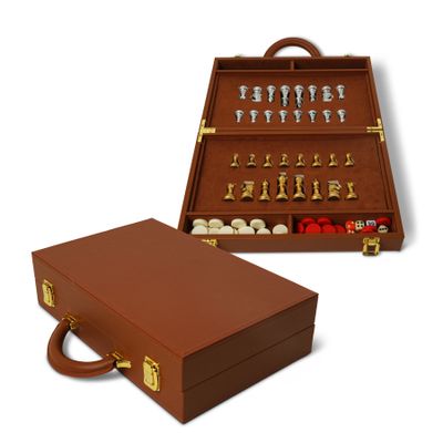 A lovely chess and backgammon set in a cognac colour carry case with separate compartments for the playing pieces. A wonderful set to own.