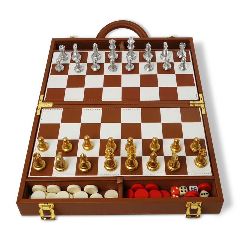 Opened, showing the playing board and the compartments for discarded pieces.
