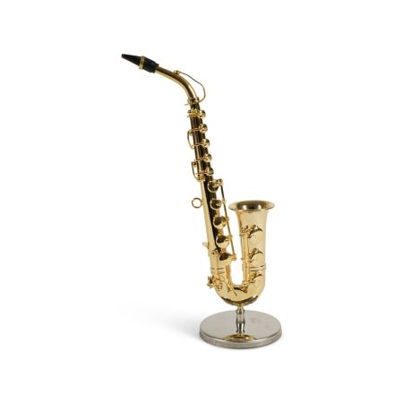 An alto sax that will make a good display piece on your shelf complete with a display stand.