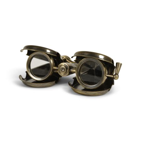 A pair of binoculars in a folding flap to keep them safe when closed up.