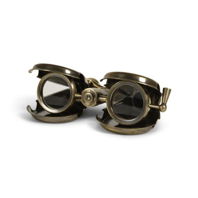 A pair of binoculars in a folding flap to keep them safe when closed up.