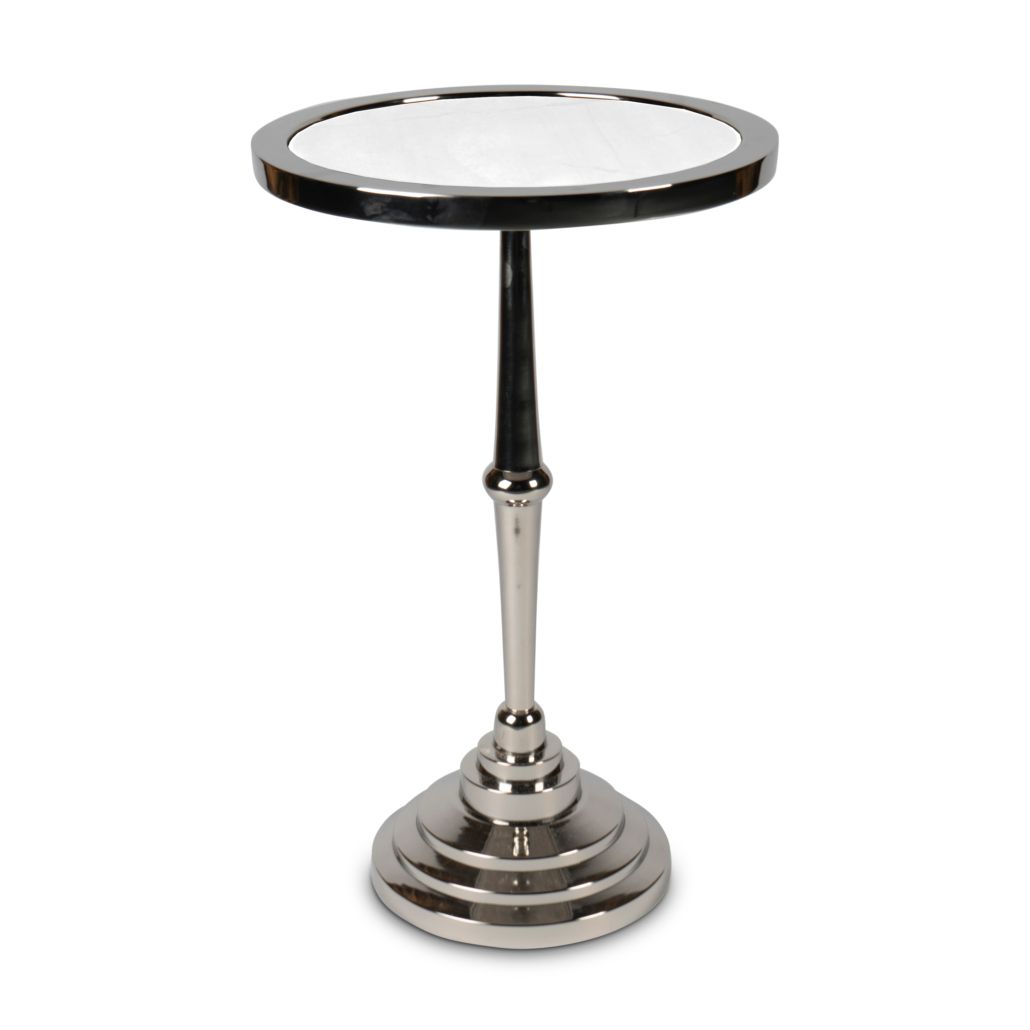 A beautiful white and silver table that will suit any bar area or hallway, or in the corner of any living room. 