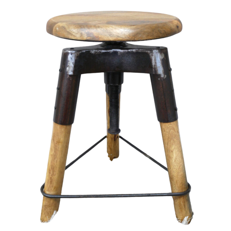 A  beautiful adjustable stool with a mango wood seat and black iron metalwork. The seat is adjusted just like a screw top, so no fiddling about!