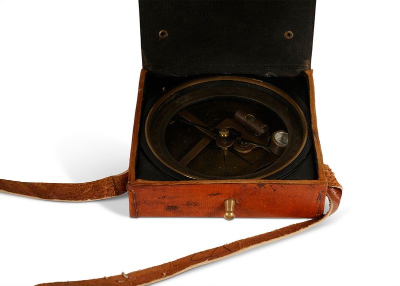 See the Brunton Copass in its close-up glory, snuggled in the leather case.