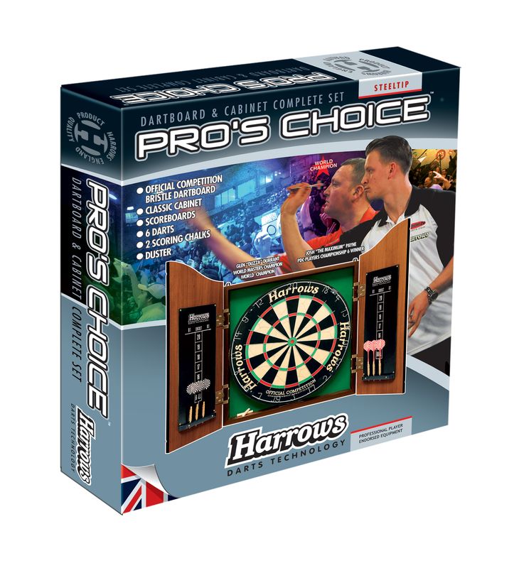 Harrows Pro Choice Complete Darts Set
Dartboard in Light Oak Finish Cabinet
Packaged
