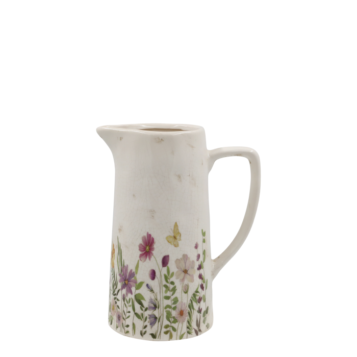 An absolutely beautiful range of chinaware with a wild flower design.This image is the pretty Medo jug which is available separately as well as part of the complete set. 
The set has a cream finish.
