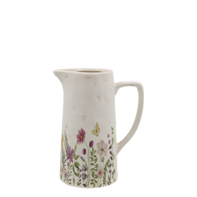 An absolutely beautiful range of chinaware with a wild flower design.This image is the pretty Medo jug which is available separately as well as part of the complete set. 
The set has a cream finish.