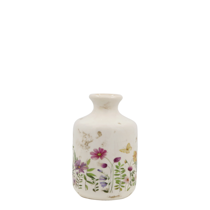 An absolutely beautiful range of chinaware with a wild flower design.This image is the pretty Medo bottle which is available separately as well as part of the complete set. 
The set has a cream finish.