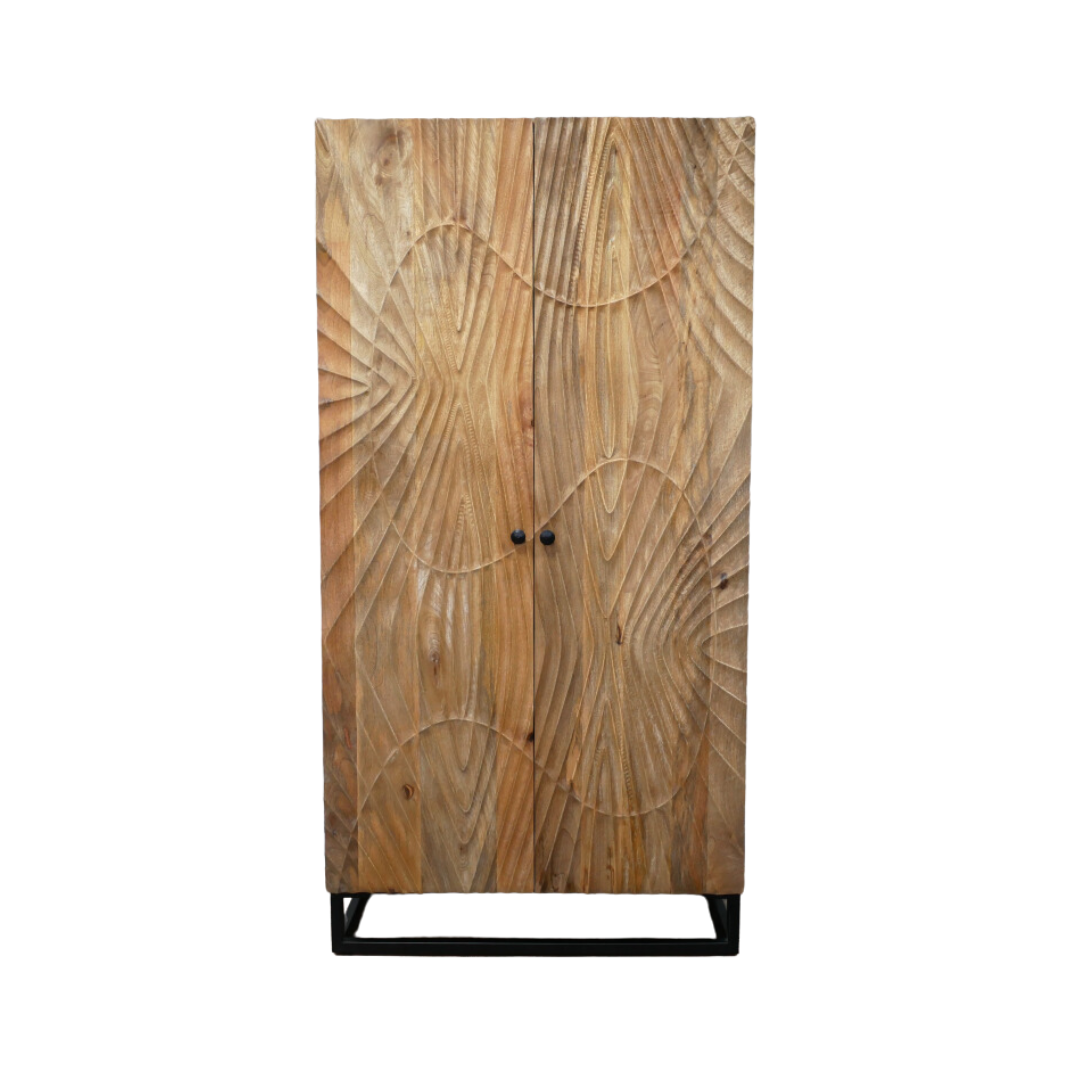 Impressive Delta Cabinet with black iron base and full height (179 cm) opening doors.
Patterned doors and inside shelves and two compartments for those larger items. 
Made from mango wood with iron base. Front view
