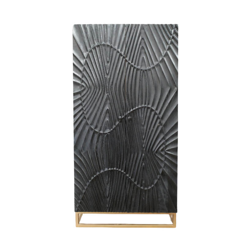 Impressive Black Delta Cabinet with black iron base and full height (179 cm) opening doors.
Black patterned doors and inside shelves and two compartments for those larger items. 
Made from mango wood with iron base. Front view