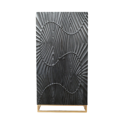 Impressive Black Delta Cabinet with black iron base and full height (179 cm) opening doors.
Black patterned doors and inside shelves and two compartments for those larger items. 
Made from mango wood with iron base. Front view