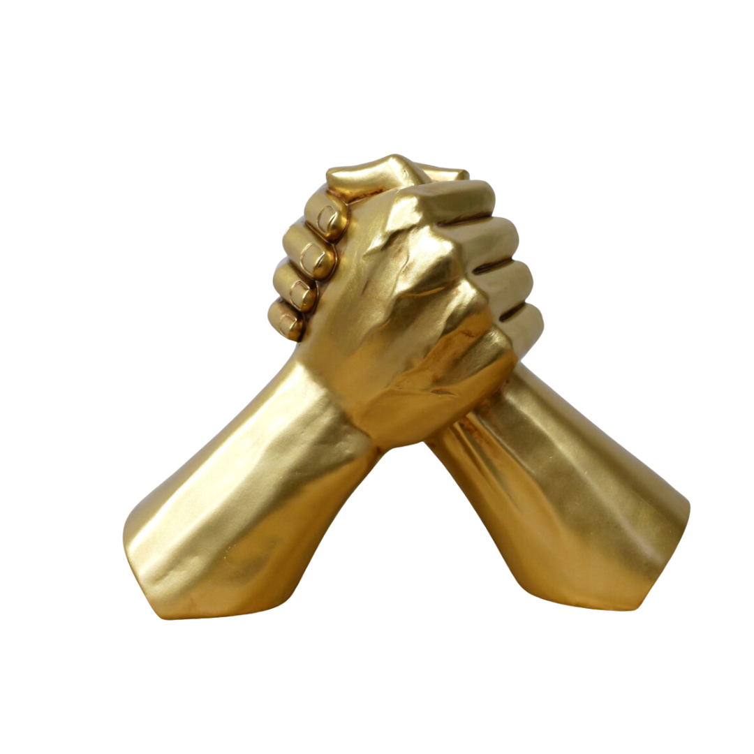 Two golden hands in clasp in a hand wrestling position,
Front view.
17 cm tall