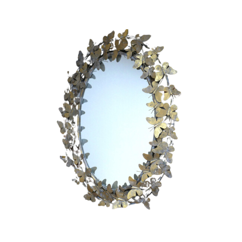 Large circular mirror with metal frame of golden butterflies with wings out.
Made from metal
Height 90 cm, width 68 cm
Very pretty.