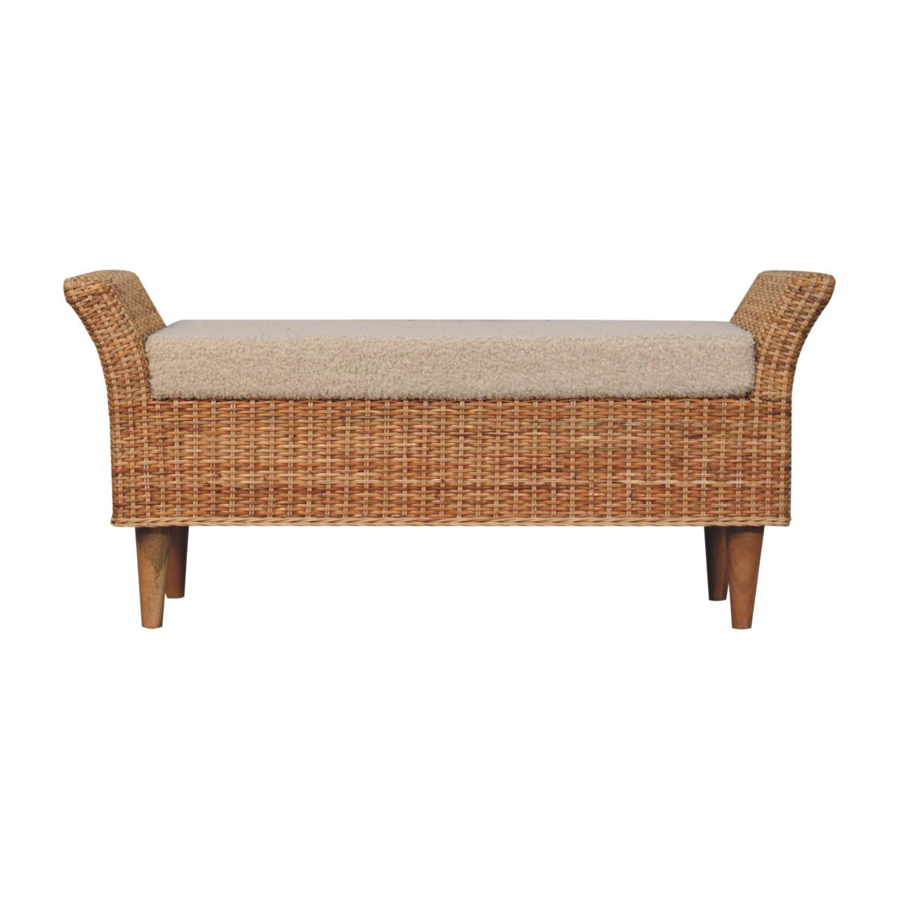 Cresta Boucle Woven Bench
Wooden legs, Winged natural woven finish sides with a Cream Boucle Seat Pad