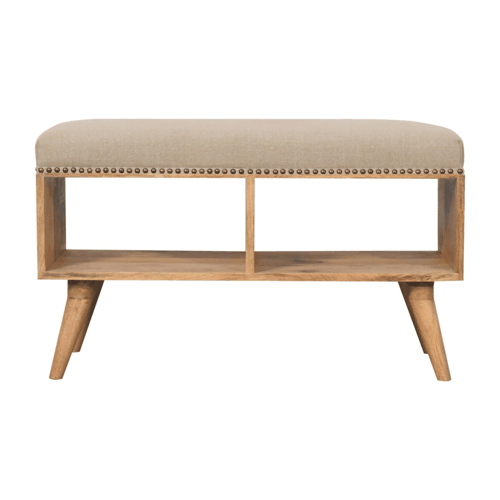 Fleetwood Studded Linen Bench
GIF image
2 compartment mango wood bench with soft padded cushion seat on top
Cushion in soft beige colour