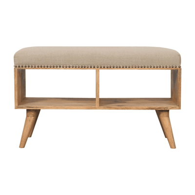 Fleetwood Studded Linen Bench
GIF image
2 compartment mango wood bench with soft padded cushion seat on top
Cushion in soft beige colour