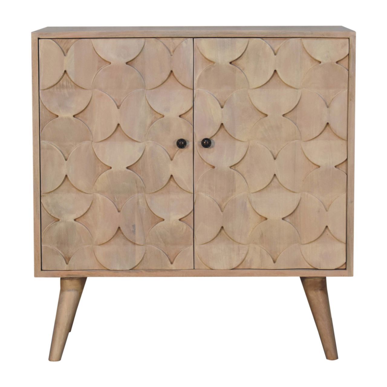 Hobart Mango Wood Cupboard
Front view
Attractive cupboard doors with hourglass type design
Solid mango wood with ivory finish