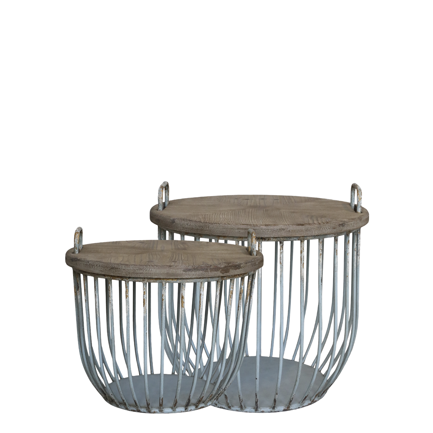 Two useful coffee tables with Cypress wooden top surfaces, and a base which can either be left empty to show off the style, or used for storage. In the style of a lobster pot.