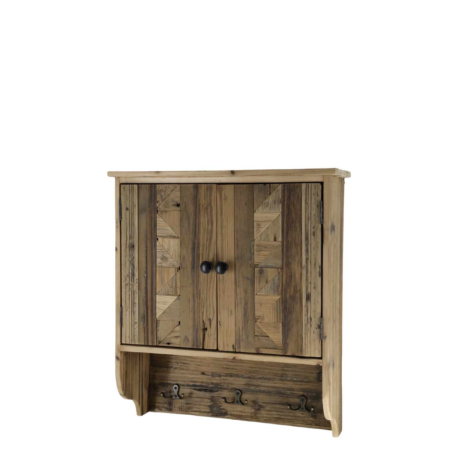 Wall cabinets don't have to be boring and plain. Our AZTEC cabinet comes adorned with interesting carvings and woodworking detail. It is made from fir wood, much of which is recycled, 
Size; Height 48 x Length 42 cm x Depth 16 cm.