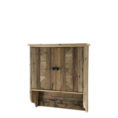 Wall cabinets don't have to be boring and plain. Our AZTEC cabinet comes adorned with interesting carvings and woodworking detail. It is made from fir wood, much of which is recycled, 
Size; Height 48 x Length 42 cm x Depth 16 cm.